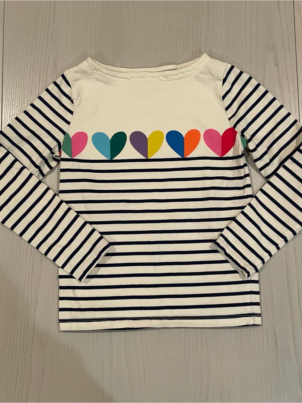 Mini Boden Striped Rainbow Hearts Long Sleeve Top - Size 7-8